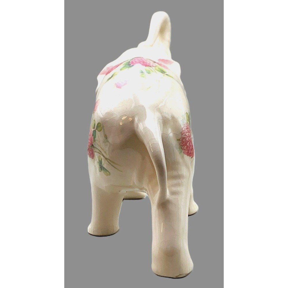 Cottage Granny Core Pink Thistle Flowers ELEPHANT Trunk Up Vtg Figurine 6" x 8" - Picture 5 of 12